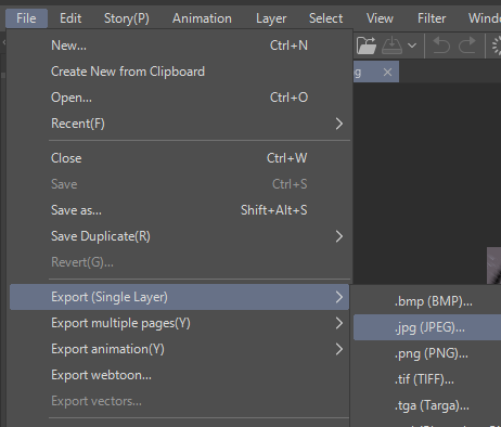 A screenshot showing a Clip Studio Paint context menu. File->Export (Single Layer)->.jpg...
