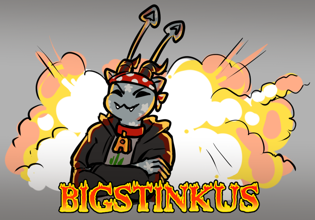 A digital illustration of a Pirate Aisha with horns, his arms crossed smugly, his back to a giant explosion. It says BIGSTINKUS in fiery text.